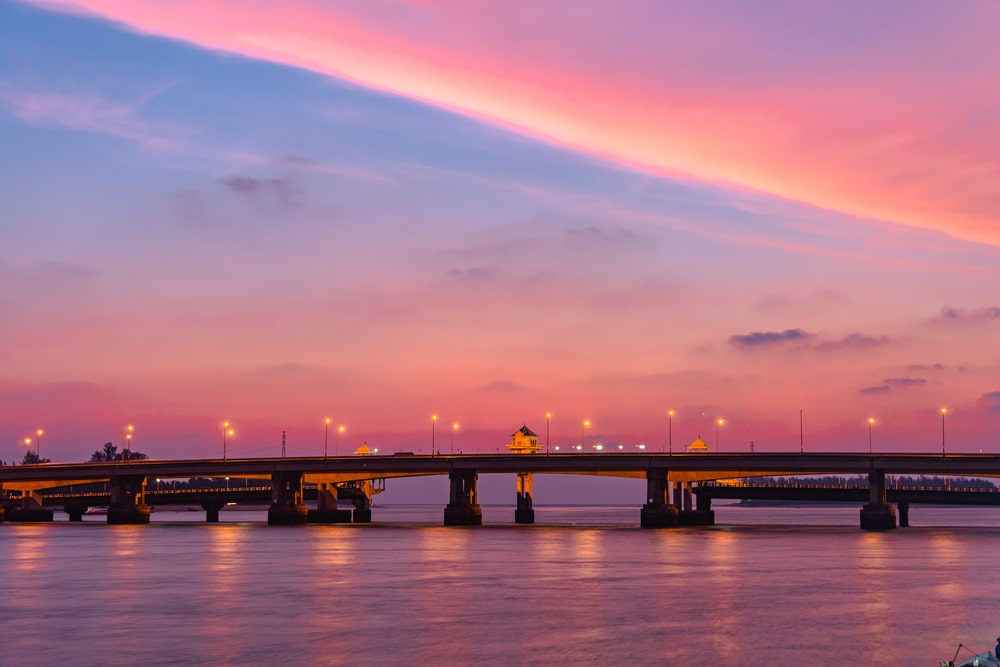 sarasin bridge at sunset as seen from Phuket Island