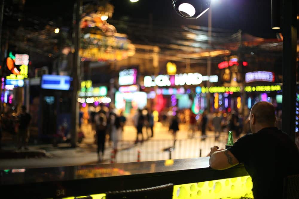 Bangla Road in Phuket seen from an establishment looking out into the busy streets