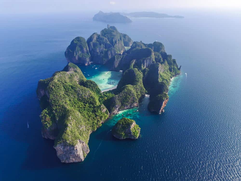 the phi phi islands as seen from a drone capturing the entire phi phi leh